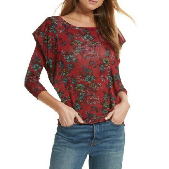 Free People Tops - Free People Red Floral Ruffle Blouse